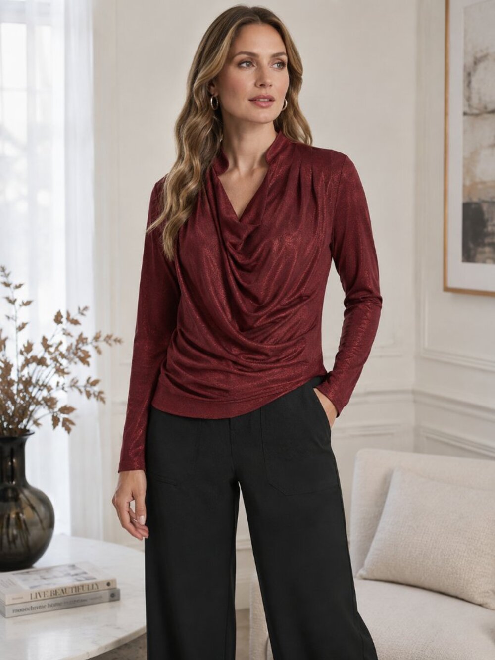 DKNY Donna Karan Women’s Merlot Foil Cowl Neck Long Sleeve Top Blouse Size M